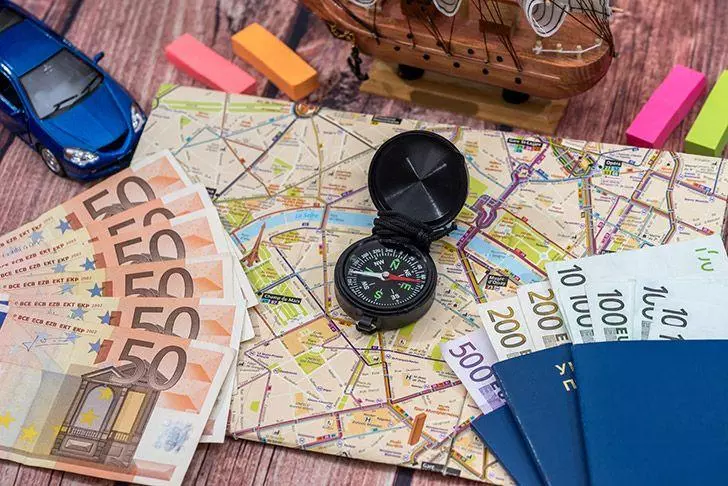 Travel map with money and compass